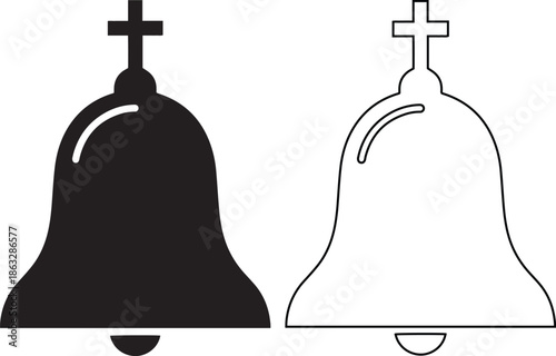 Church bell vector icon set featuring black silhouette and outline styles with a cross, ideal for religious wedding invitations, christmas holiday designs and christian church symbols.