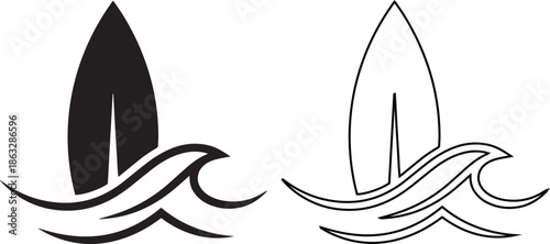 Surfboard and wave vector icon set featuring black silhouette and outline styles, ideal for summer beach vacation designs, surfing logos, water sports and tropical ocean travel themes.