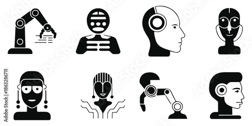 Human ai face and automation system icons in black style. Advanced artificial intelligence and robotics vector icons showing human and machine connection.