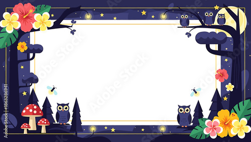 A whimsical forest-themed frame featuring owls, flowers, mushrooms, and fireflies, with a blank center.