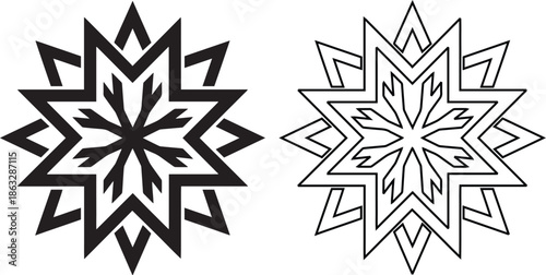 Geometric snowflake vector icon set featuring distinct star shapes in solid silhouette and linear outline styles for winter holiday decoration and Christmas design elements.