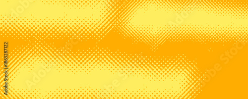 Yellow halftone pattern. Retro comic gradient background. Bright orange pixelated dotted texture overlay. Cartoon pop art faded gradient pattern. Vector backdrop for poster, banner, advertisement