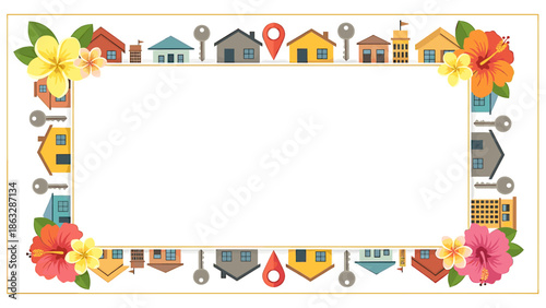 Decorative frame featuring houses, keys, location pins, and tropical flowers around a blank white rectangle.