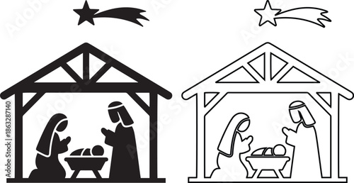 Christmas nativity scene vector icon set with holy family silhouette and outline in a stable with a star, ideal for religious holiday designs, biblical art and Christian symbols.