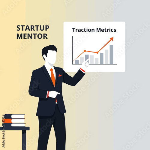 Professional startup mentor clearly presents vital business growth traction metrics using an upward trending line graph for investors.