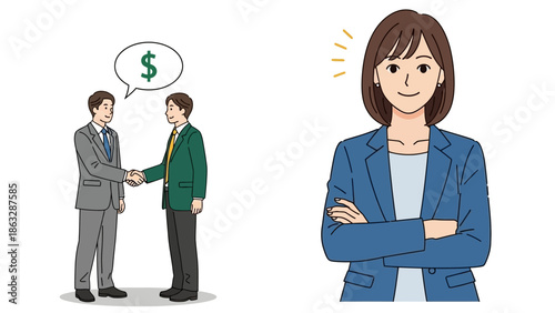 Businessmen shaking hands with dollar sign, confident businesswoman