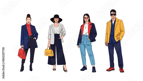 Fashionable People Group Standing Posing Style Outfit