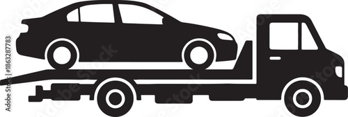 Black and white line of a car being transported on a flatbed truck also transparent background line car 1