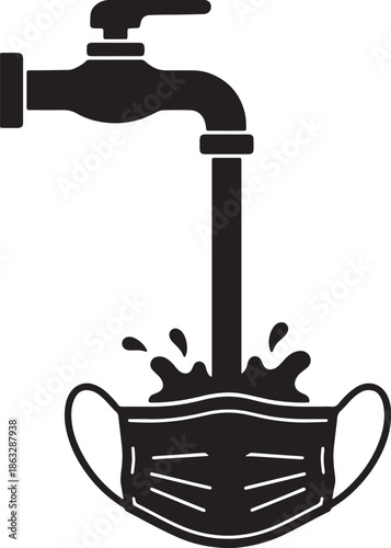 Black and white of a faucet pouring water into a face mask also transparent background