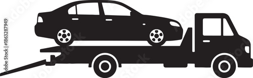 Black and white line of a car being transported on a flatbed truck also transparent background line car