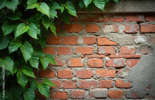 Green leaves grow on old red brick wall. Natural vegetation covers rough textured masonry surface. Organic plant climbs old building exterior.