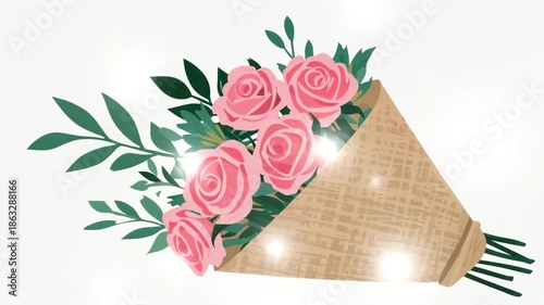 Romantic Valentine Day Pink Rose Bouquet in Rustic Burlap Wrap Flat Animation Video