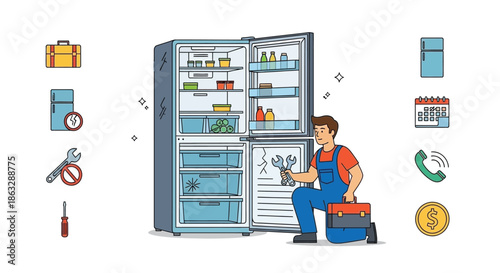 Refrigerator repairman fixing an open fridge with tools and household items nearby