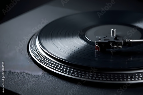 Close up of a vinyl record spinning on a turntable with tonearm and stylus