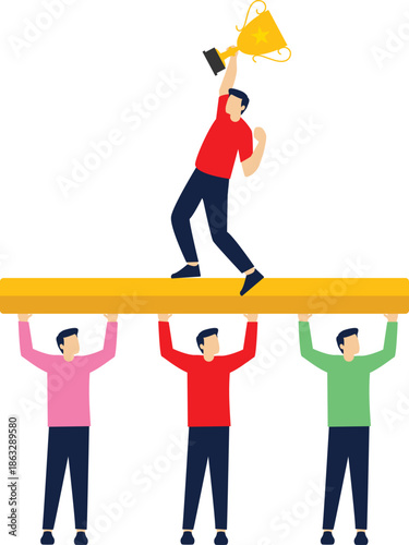 Teamwork and success, four businessmen support the leader to stand on top and pick up the trophy

