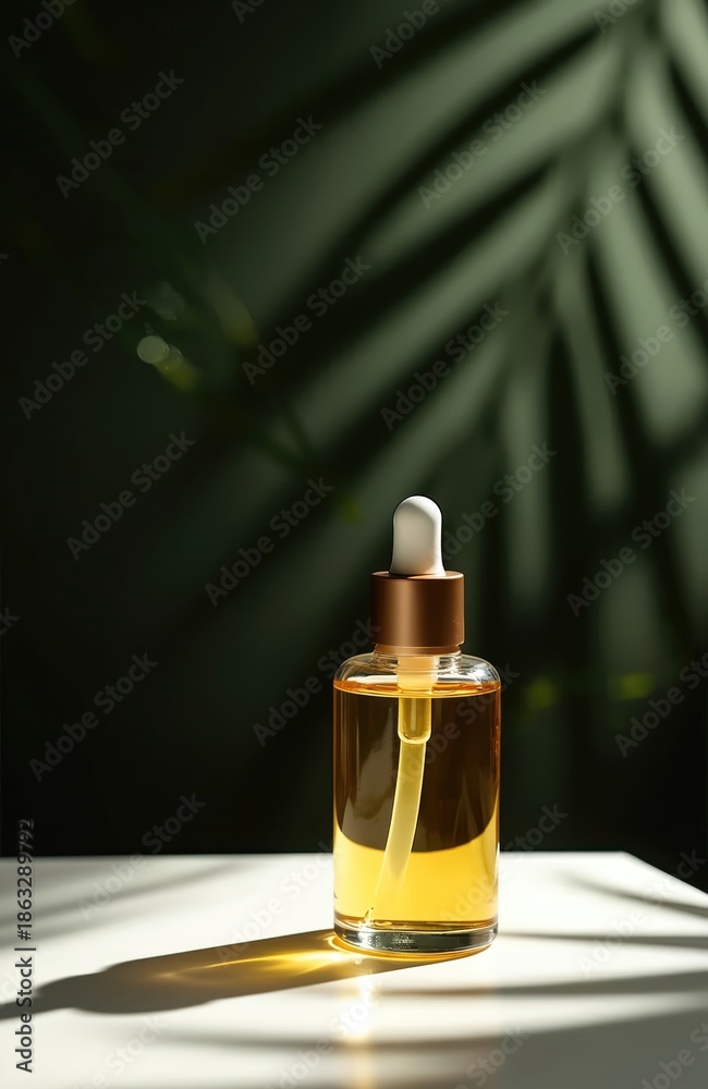 Naklejka premium Glass bottle with pipette dropper holds yellow serum oil for facial skin therapy. Beauty product for self care routine with natural ingredients and healthy glow.