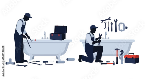 Plumbers at work repairing and installing bathroom fixtures and plumbing systems