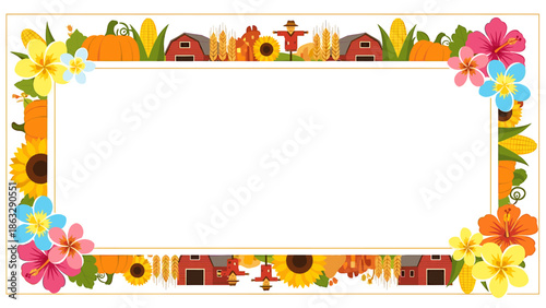 A decorative rectangular frame featuring farm elements, flowers, and a scarecrow.