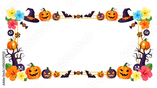 Halloween themed frame with pumpkins, bats, hats, flowers and candy on a white background.