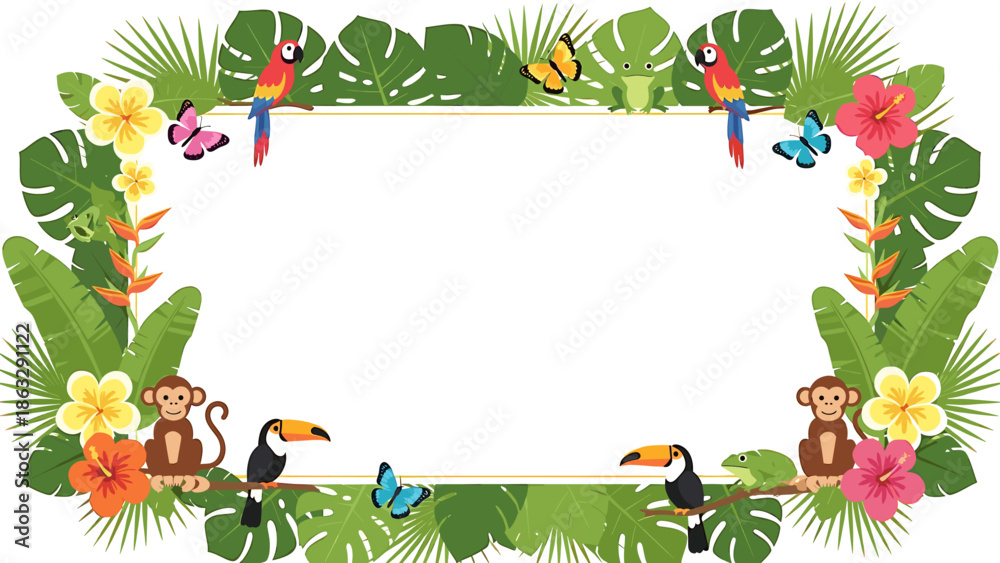 Fototapeta premium Tropical frame with parrots, toucans, monkeys, butterflies, flowers, and leaves arranged around a blank white space.