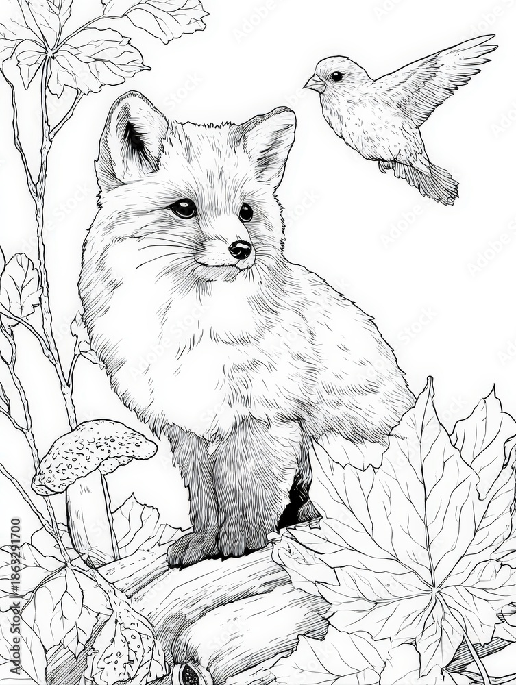 Fototapeta premium detailed coloring page for adults and children featuring a cute baby fox standing on a log in the forest with a small bird flying overhead and autumn leaves with a mushroom in a nature scene art