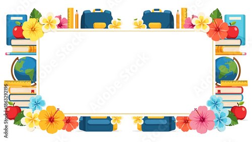 A colorful school-themed frame featuring books, flowers, and a blank space.