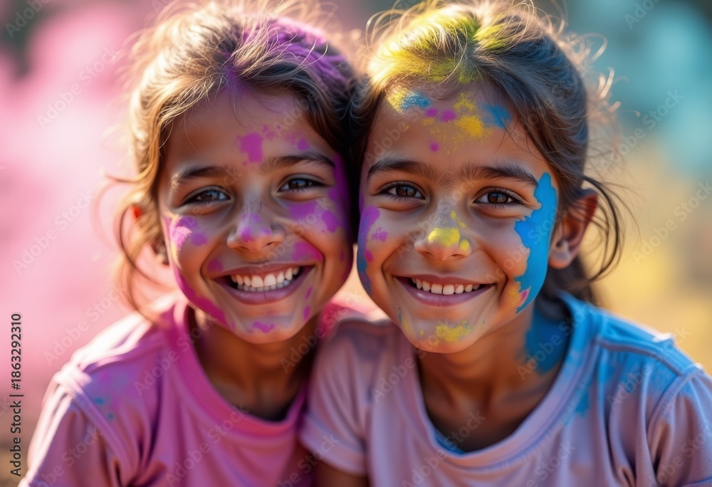 Fototapeta premium Two cheerful Indian girls decorated with colorful powder (gulal) during Holi festival celebration outdoors