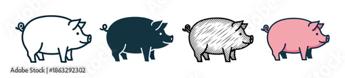 Four hand-drawn pig icons presented in a collection of different graphic styles like simple outline, solid silhouette, hatched sketch, and a friendly pink cartoon