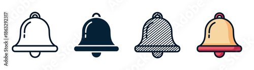 Four notification bell icons in different styles including outline, solid glyph, striped, and colored, representing alerts, reminders, and subscription updates