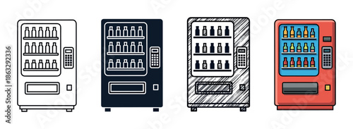 Set of four vending machine icons with drinks, presented in various artistic styles including line art, silhouette, hand-drawn sketch, and full color cartoon illustration
