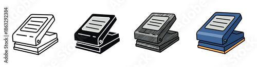 Set of four hole puncher illustrations in various artistic styles, including a simple outline, solid glyph, textured sketch, and a full-color cartoon for office supply concepts