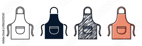 Set of four kitchen apron icons presented in various artistic styles including simple outline, solid silhouette, hand-drawn scribble sketch, and flat color illustration