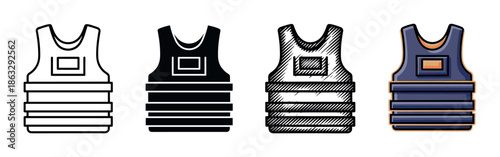 Set of four bulletproof vest icons presented in various artistic styles including line art, silhouette, hand-drawn sketch, and a detailed colored cartoon illustration