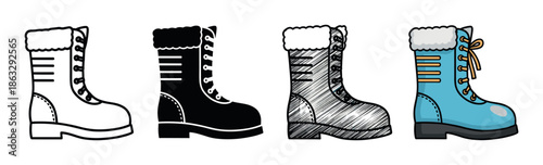 Set of four winter boots with fur cuffs presented in different artistic styles, including line art, silhouette, sketch, and a full-color cartoon illustration for design elements