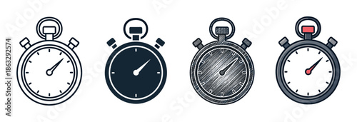 Set of four stopwatch timer icons presented in various artistic styles including outline, silhouette, hand-drawn sketch, and a simple color cartoon illustration for timekeeping concepts