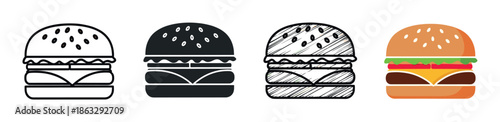 Four hamburger vector illustrations in a row showcasing different graphic design styles including outline, silhouette, hand-drawn sketch, and flat color