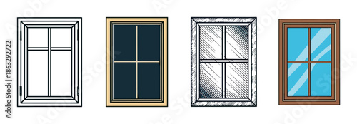 Set of four window illustrations showing different artistic styles including simple line art, a colored graphic, a detailed hand-drawn sketch, and a cartoon drawing