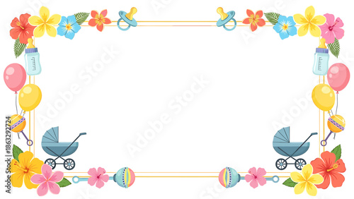 Decorative baby-themed rectangular frame with flowers, balloons, and baby items.