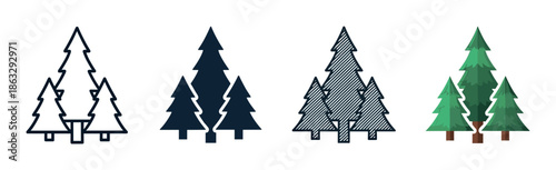 Collection of evergreen tree graphic icons in four distinct artistic styles, including a simple outline, a dark silhouette, a hatched sketch, and a flat color illustration