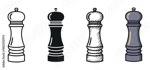 Four pepper mill grinder vector icons set in different artistic styles including outline, silhouette, hand-drawn sketch, and a flat colored cartoon illustration