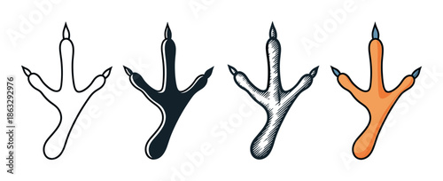 Set of four bird footprint illustrations showing different artistic styles including outline, silhouette, engraved sketch, and a full color cartoon version of the animal track