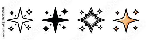 Collection of four sparkling star icons presented in different artistic styles from simple line art and solid glyph to a hand-drawn sketch and a colored cartoon version