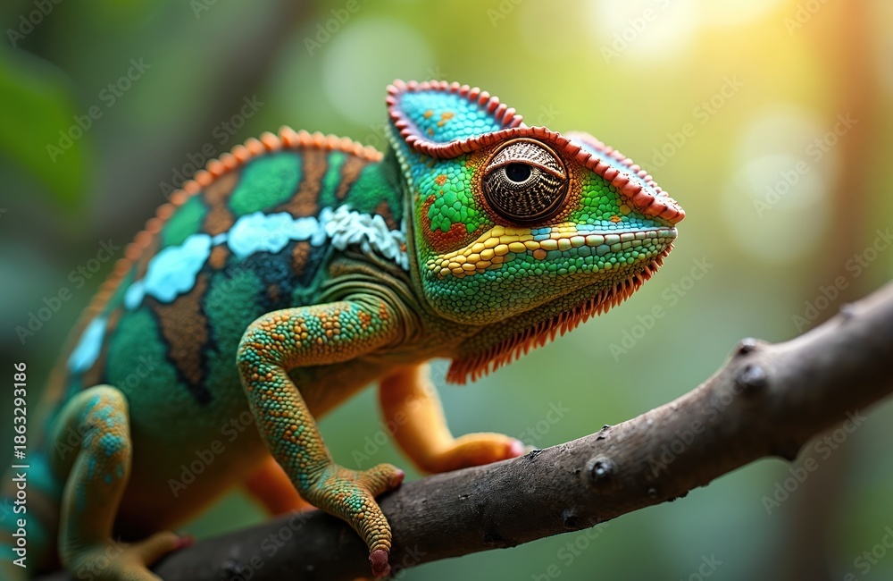 Fototapeta premium Chameleon grips branch with scaly skin, displays vibrant colors, and has independently moving eyes. Reptile sits on wood in sunlit forest, showing unique wild nature.