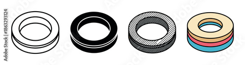 Four industrial washer or gasket icons displayed in a set with various styles including simple outline, solid black glyph, shaded monochrome, and a colorful version