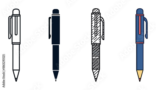 Set of four pen icons showing different graphic styles including simple line art, a solid silhouette, a sketchy doodle, and a flat color filled version
