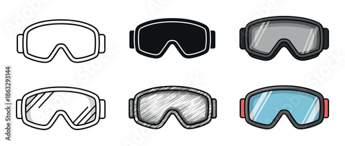 Set of six ski and snowboard goggles presented in various artistic styles including outline, silhouette, colored cartoon, and a hand-drawn sketch for winter sports equipment