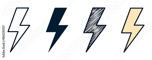 Set of four lightning bolt icons in different graphic styles, including outline, solid silhouette, hand-drawn sketch, and simple color fill for various design elements