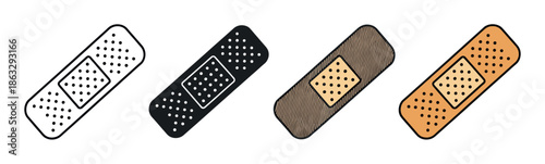 Four adhesive bandage plaster icons in a set showing different graphic styles including line art, glyph, and color variations for medical first aid concepts