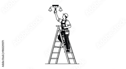 An electrician on a ladder is working on a ceiling light fixture