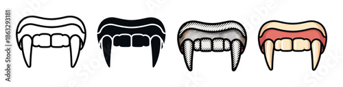 Four vampire fangs icons in different styles showing outline, silhouette, sketch, and full color cartoon variations for Halloween or horror themed graphic design projects